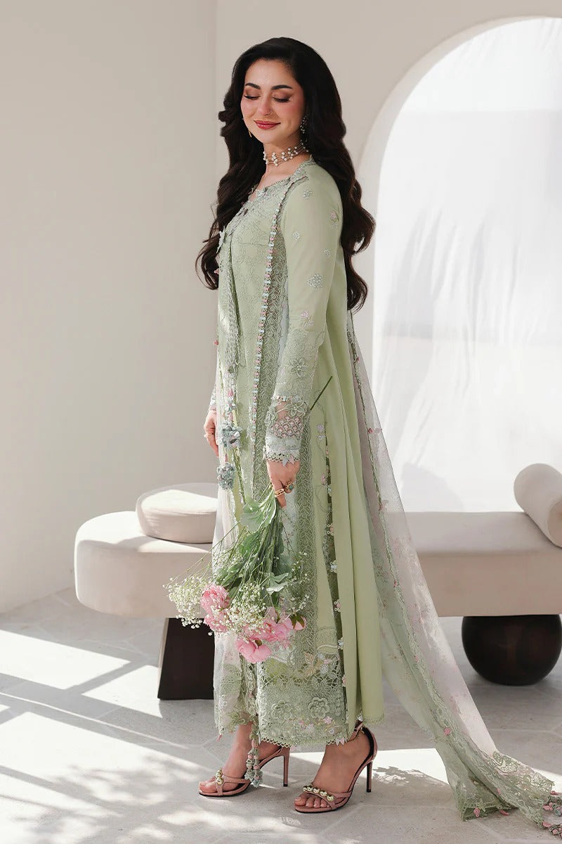 Qalamkar SA-12 Jiya lawn suit elegant embroidered dress side pose light green UK