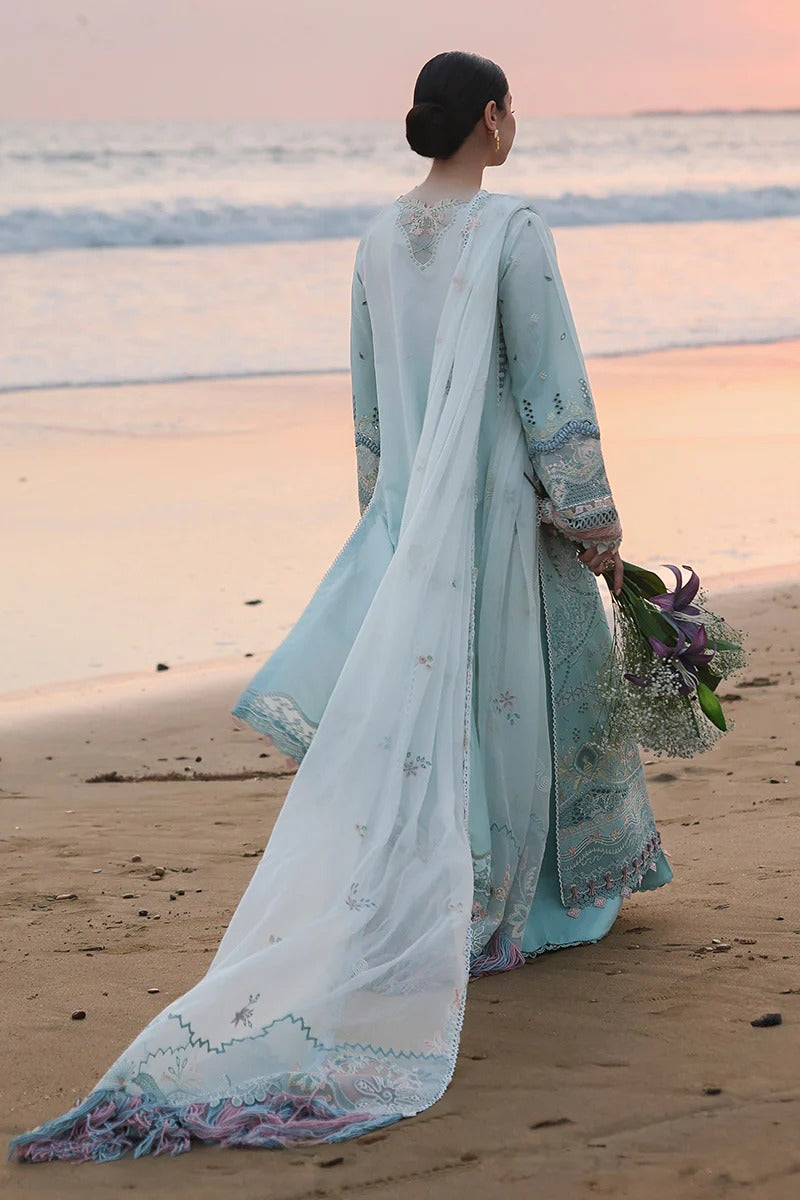 Qalamkar SA-05 Ayra powder blue embroidered suit front pose close look