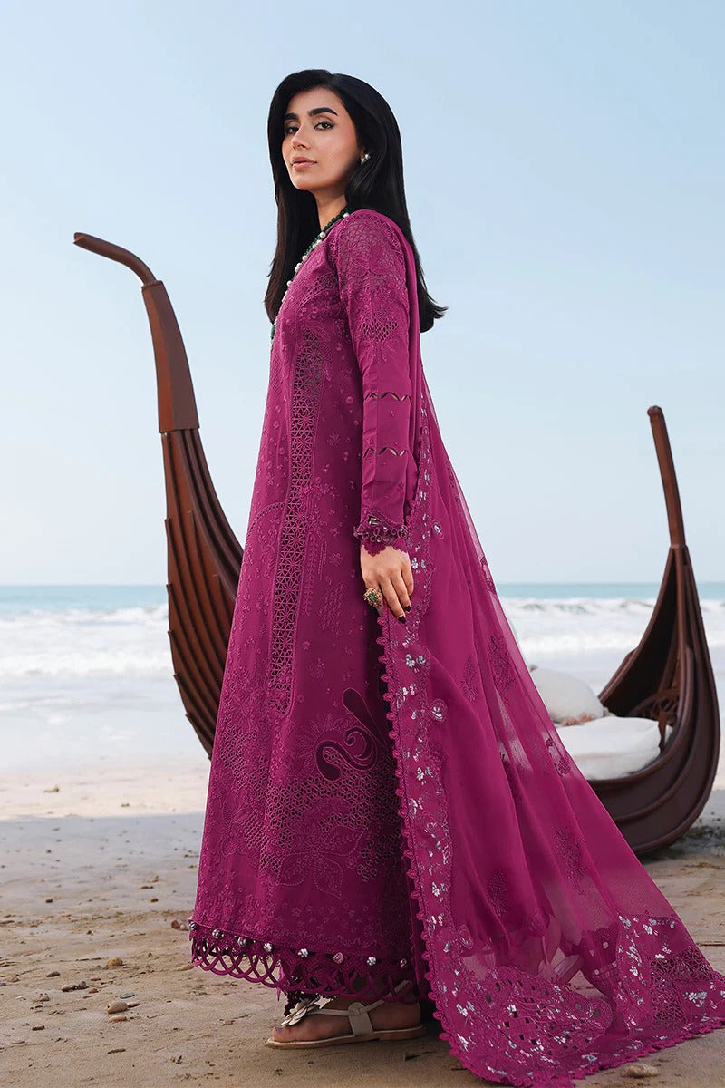 Qalamkar SA-01 Zara embroidered chiffon dupatta detail fuchsia pink Pakistani dress UK