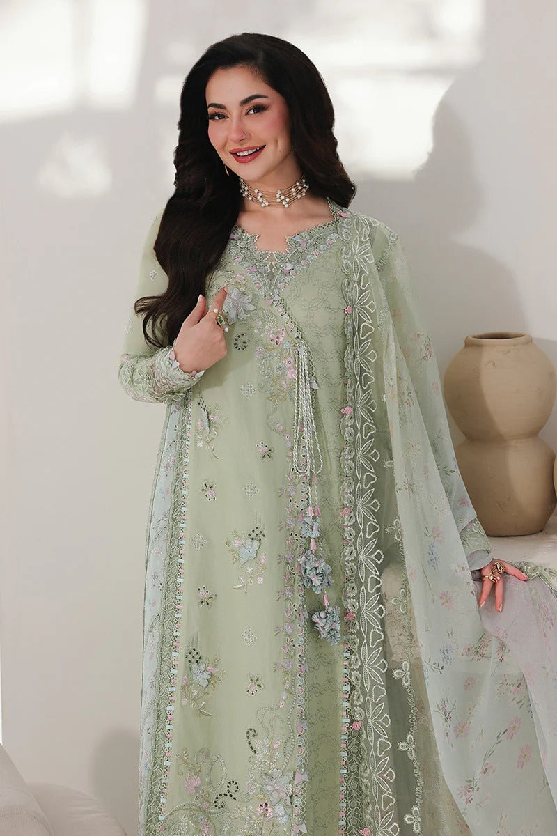 Qalamkar SA-12 Jiya lawn suit elegant embroidered dress side pose light green UK