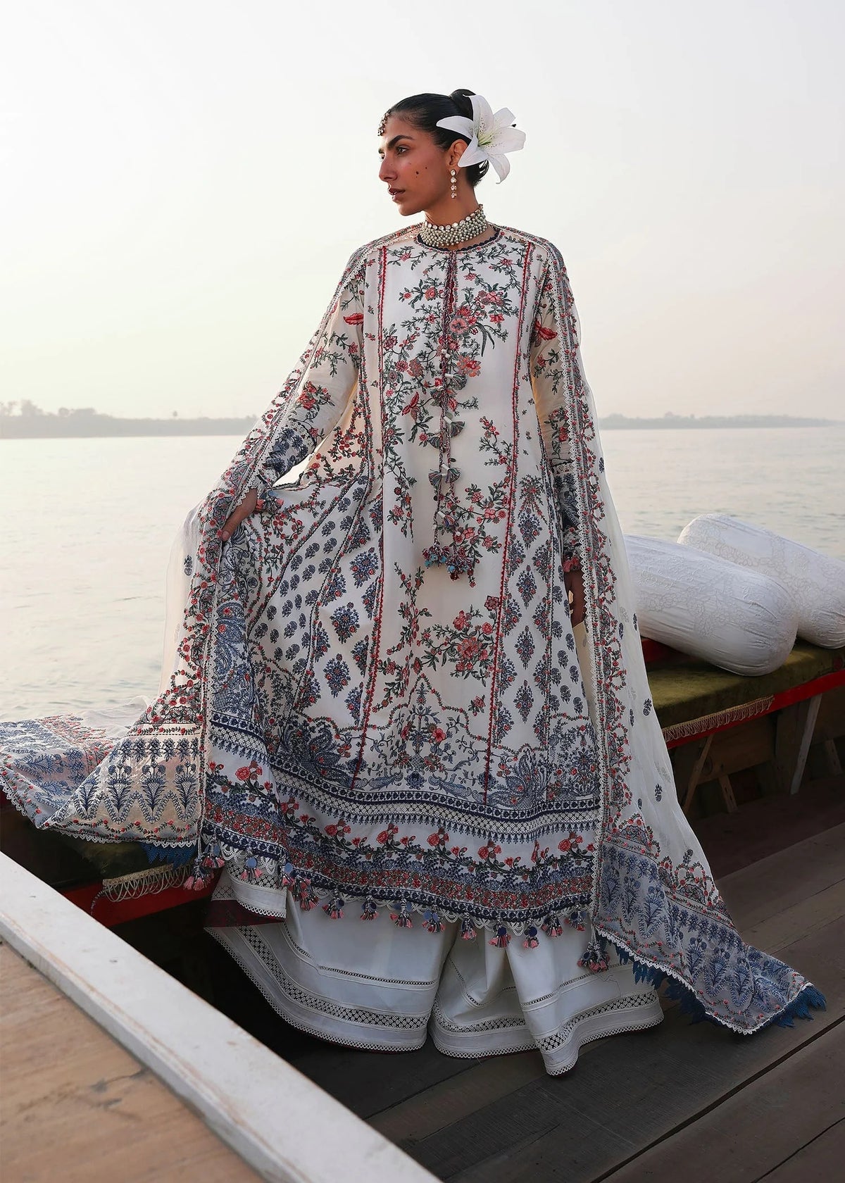 Hussain Rehar Yuki ivory stitched lawn suit with embroidered chiffon dupatta