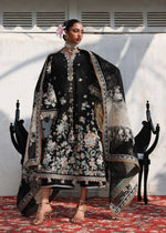 Pakistani designer Hussain Rehar Sable black stitched suit full look with embroidered dupatta