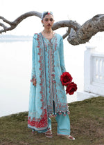 Hussain Rehar Sepher sky blue stitched luxury lawn suit with embroidered chiffon dupatta