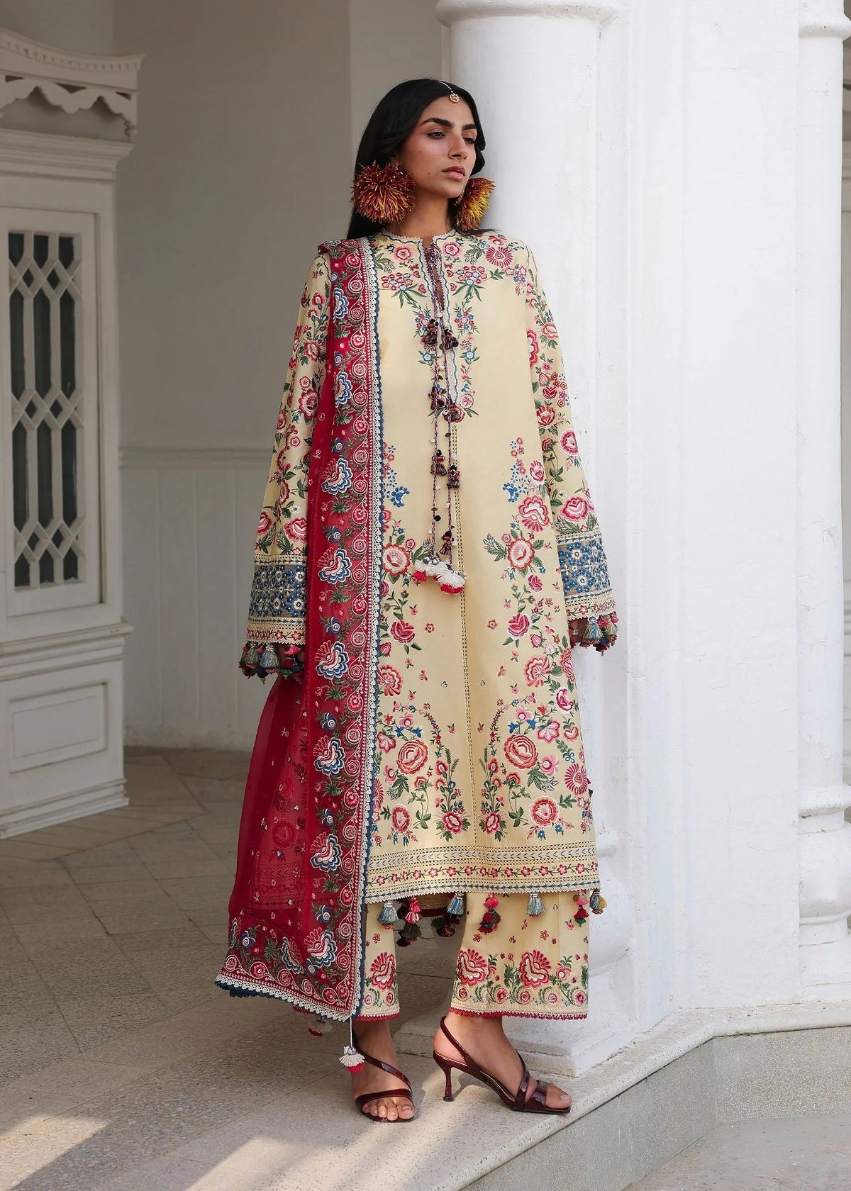 Hussain Rehar Zubdah butter yellow stitched lawn suit with multicolour embroidery