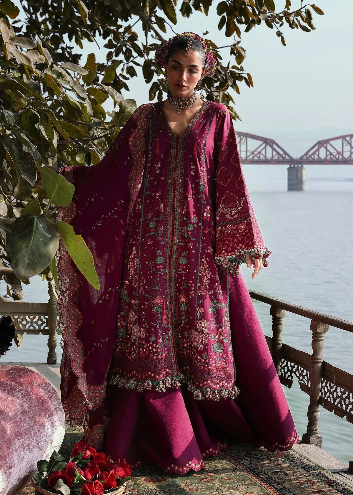 Hussain Rehar Anjas plum stitched luxury lawn suit with embroidered chiffon dupatta