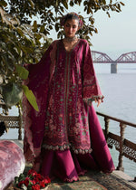 Hussain Rehar Anjas plum stitched luxury lawn suit with embroidered chiffon dupatta