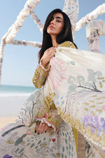 Qalamkar SA-07 Hira mustard stitched suit sitting pose showing full outfit