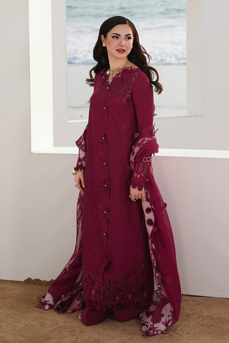 Qalamkar SA-14 Nelam full length stitched 3 piece suit burgundy front view UK