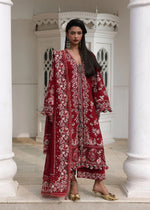 Hussain Rehar Kastanaa red stitched luxury lawn suit with embroidered chiffon dupatta