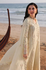 Qalamkar SA-03 Safa luxury lawn dress side pose butter yellow UK