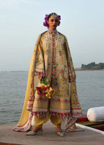 Hussain Rehar Ochre mustard yellow stitched luxury lawn suit with embroidered chiffon dupatta