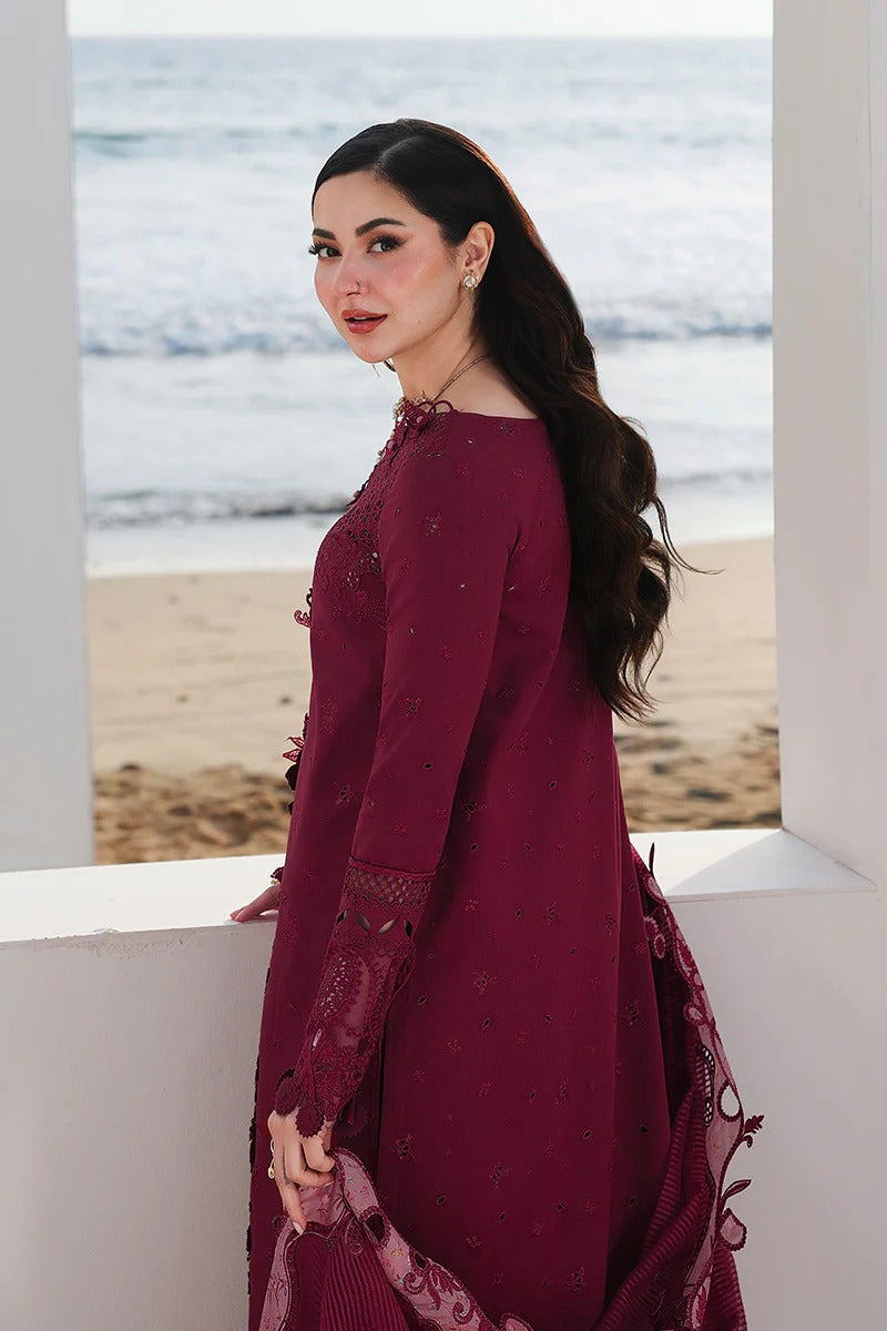 Qalamkar SA-14 Nelam luxury lawn dress side pose burgundy UK