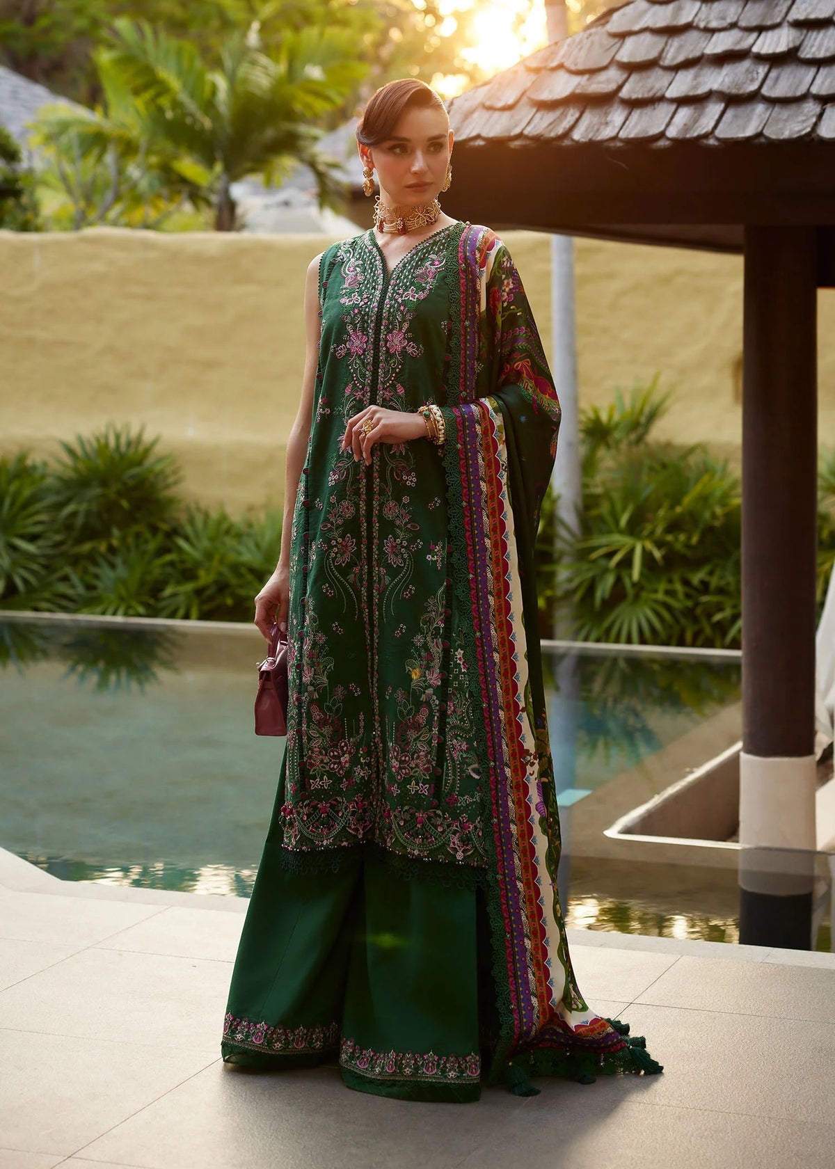 Kanwal Malik Serena Ariya Luxury Lawn 2026 stitched emerald green embroidered suit front view