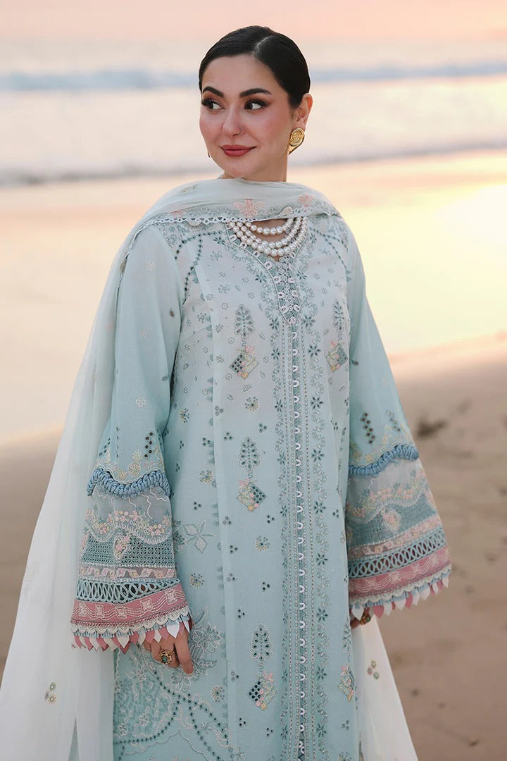 Qalamkar SA-05 Ayra powder blue lawn suit full standing pose by beach
