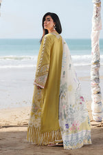 Qalamkar SA-07 Hira mustard embroidered suit side pose with dupatta flow