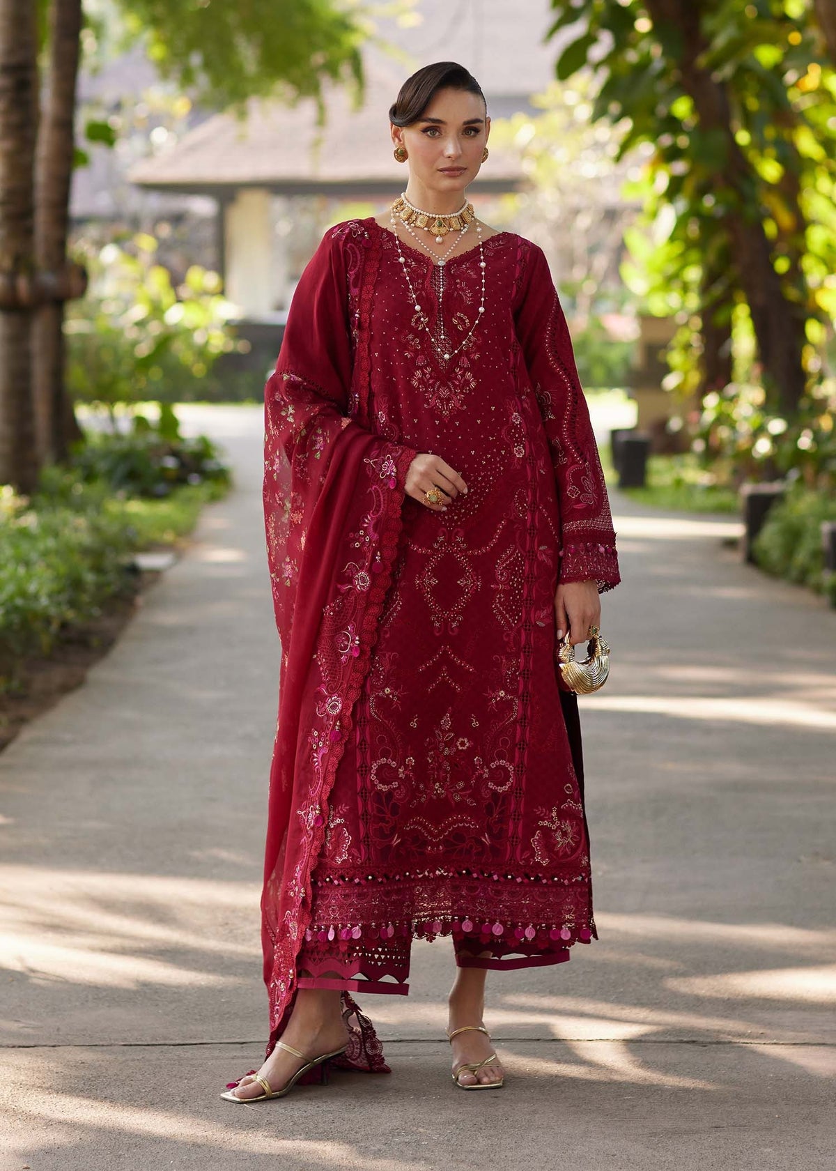 Kanwal Malik Safa Ariya Luxury Lawn 2026 stitched ruby red embroidered suit front view