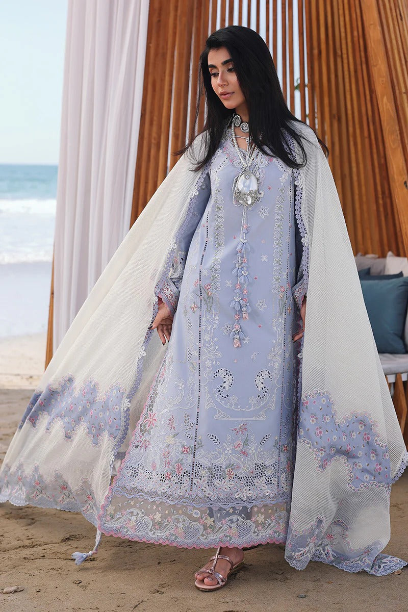Qalamkar SA-08 Zayna full length stitched 3 piece suit powder blue front view UK
