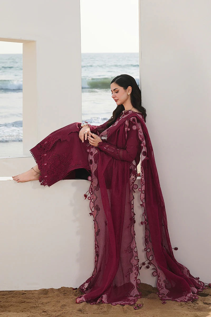 Qalamkar SA-14 Nelam stitched 3 piece suit burgundy fabric and embroidery detail UK