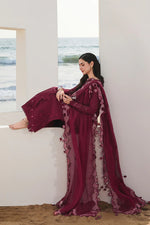 Qalamkar SA-14 Nelam stitched 3 piece suit burgundy fabric and embroidery detail UK