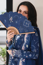 Qalamkar SA-16 Esma navy blue suit close up with embroidered dupatta