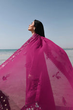 Qalamkar SA-01 Zara elegant embroidered lawn dress side pose fuchsia pink UK
