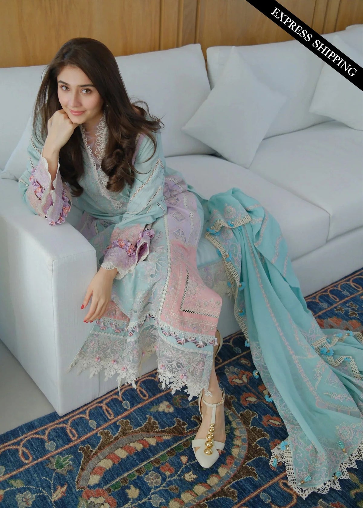 Eliana lawn 2026 aqua and lilac embroidered suit with dupatta