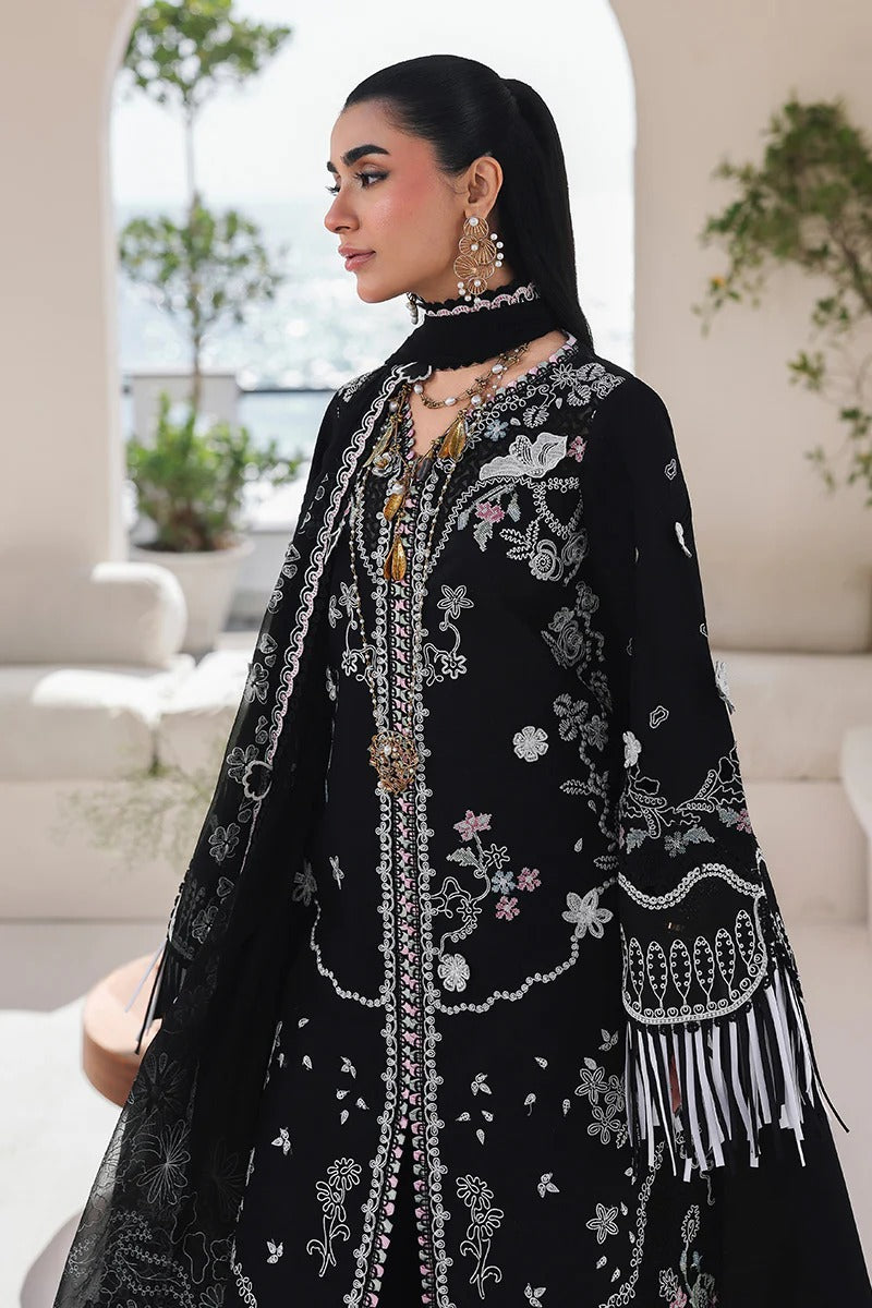 Qalamkar SA-02 Liana black embroidered suit standing pose full outfit