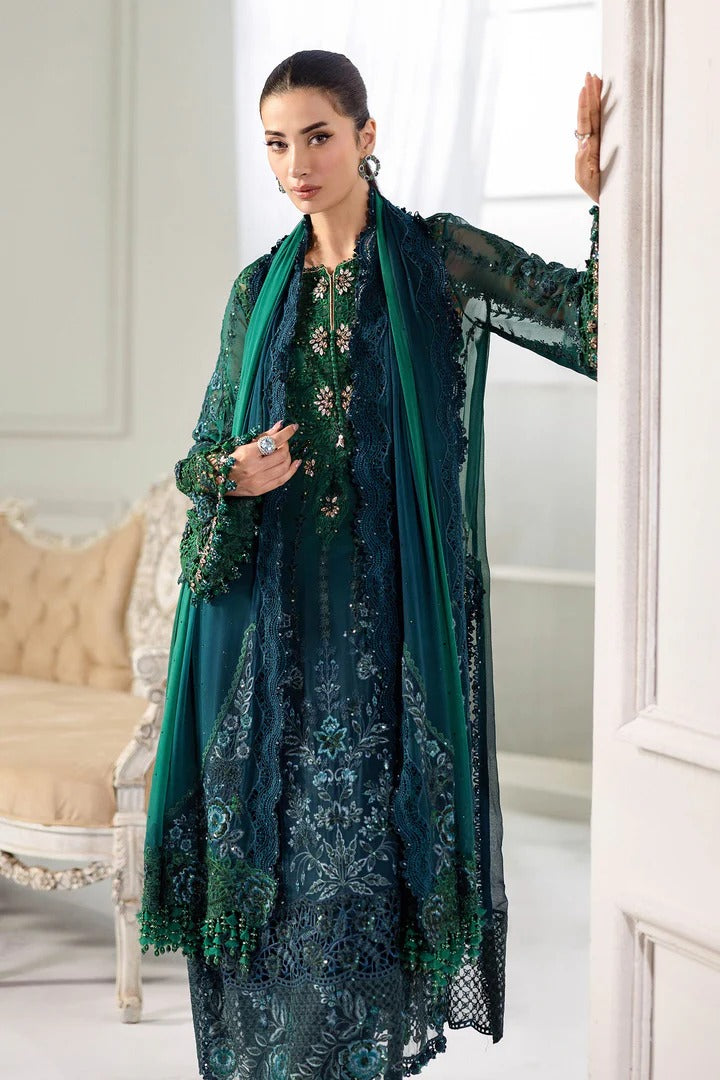 3 Piece stitched Embroidered Chiffon Suit | MPC-25-106 Green To Teal