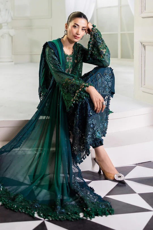 3 Piece stitched Embroidered Chiffon Suit | MPC-25-106 Green To Teal