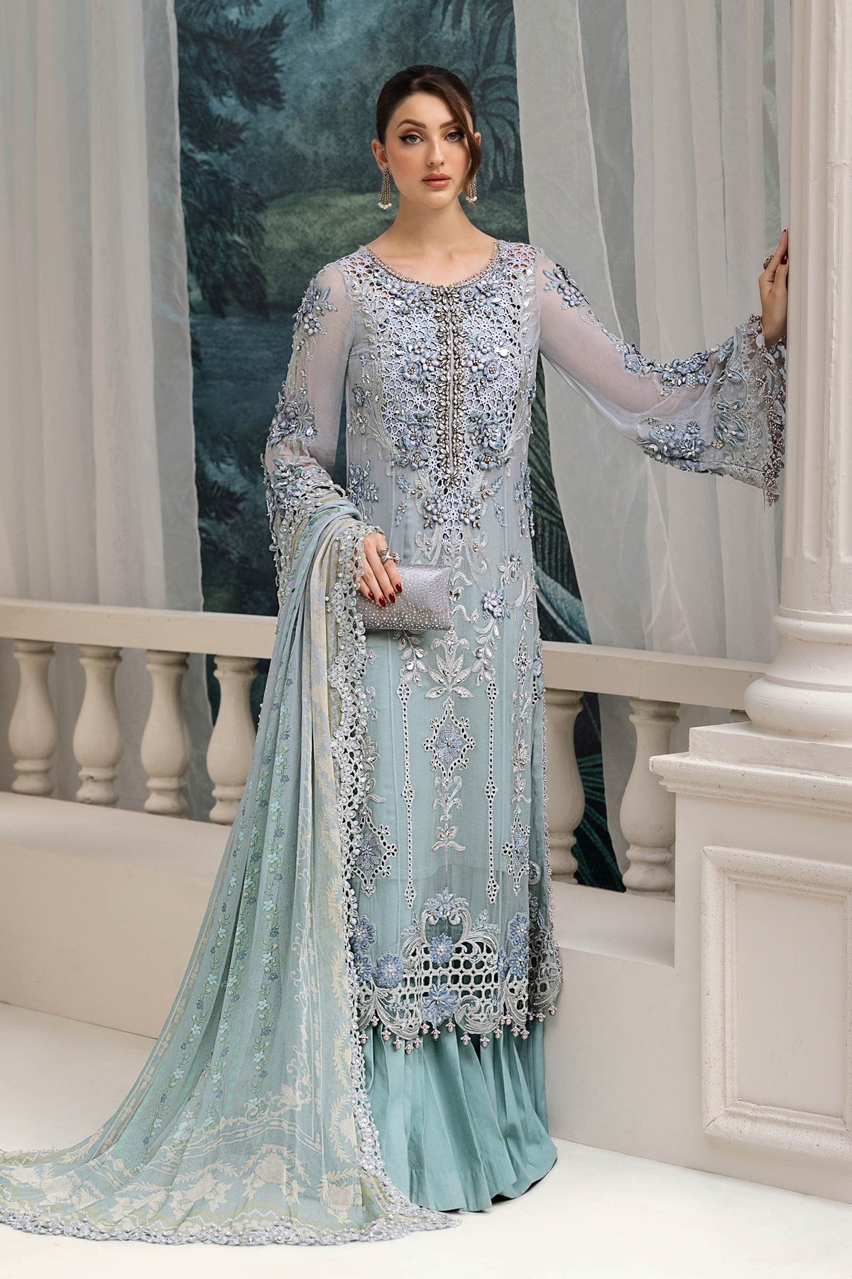 3 Piece stitched Embroidered Chiffon Suit | MPC-25-108 Aqua To Sea Green