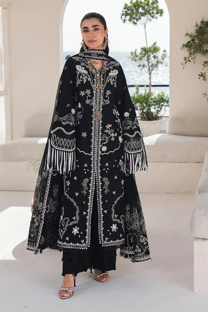 Qalamkar SA-02 Liana black stitched 3 piece suit front view embroidered lawn