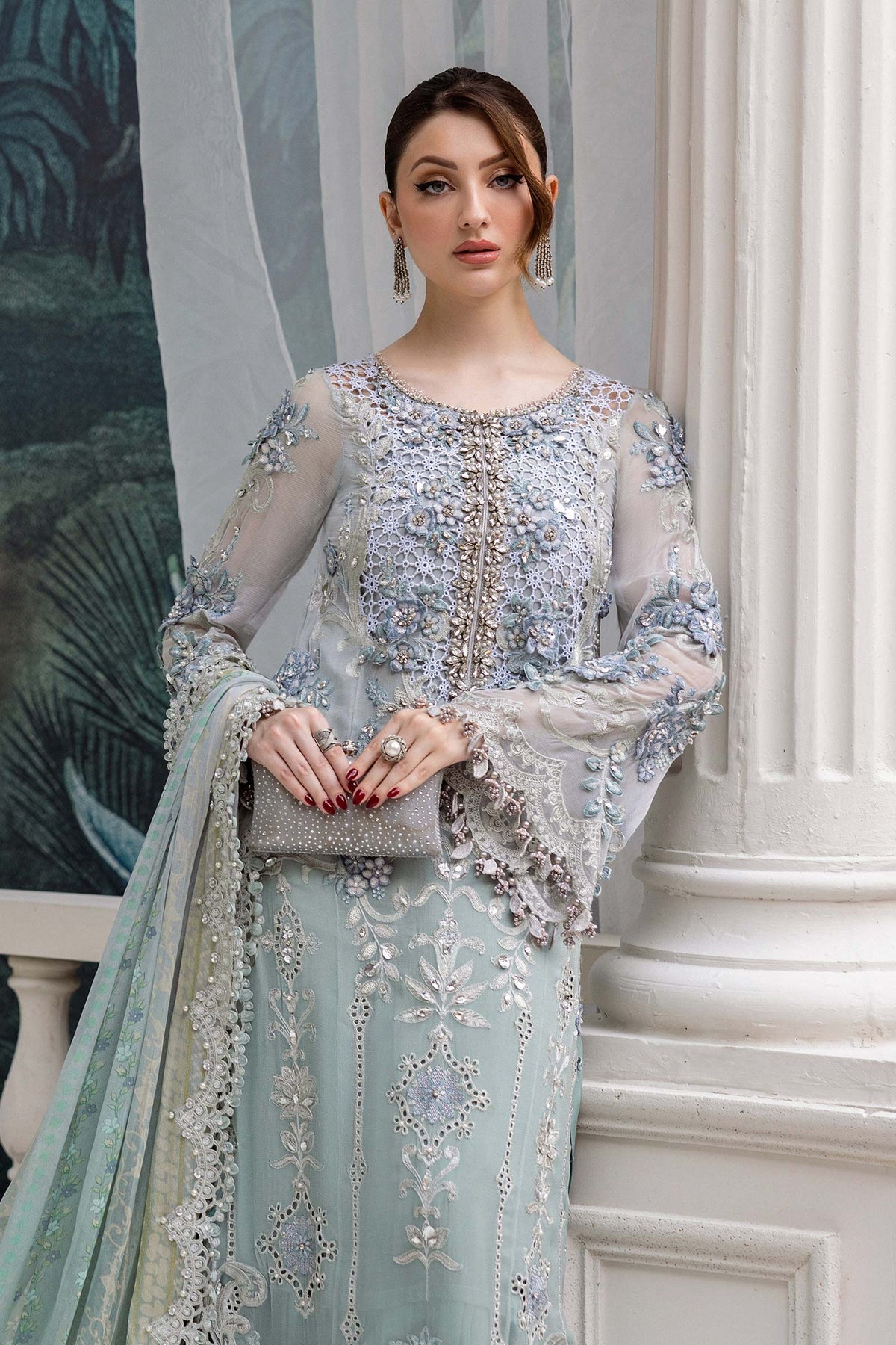 3 Piece stitched Embroidered Chiffon Suit | MPC-25-108 Aqua To Sea Green