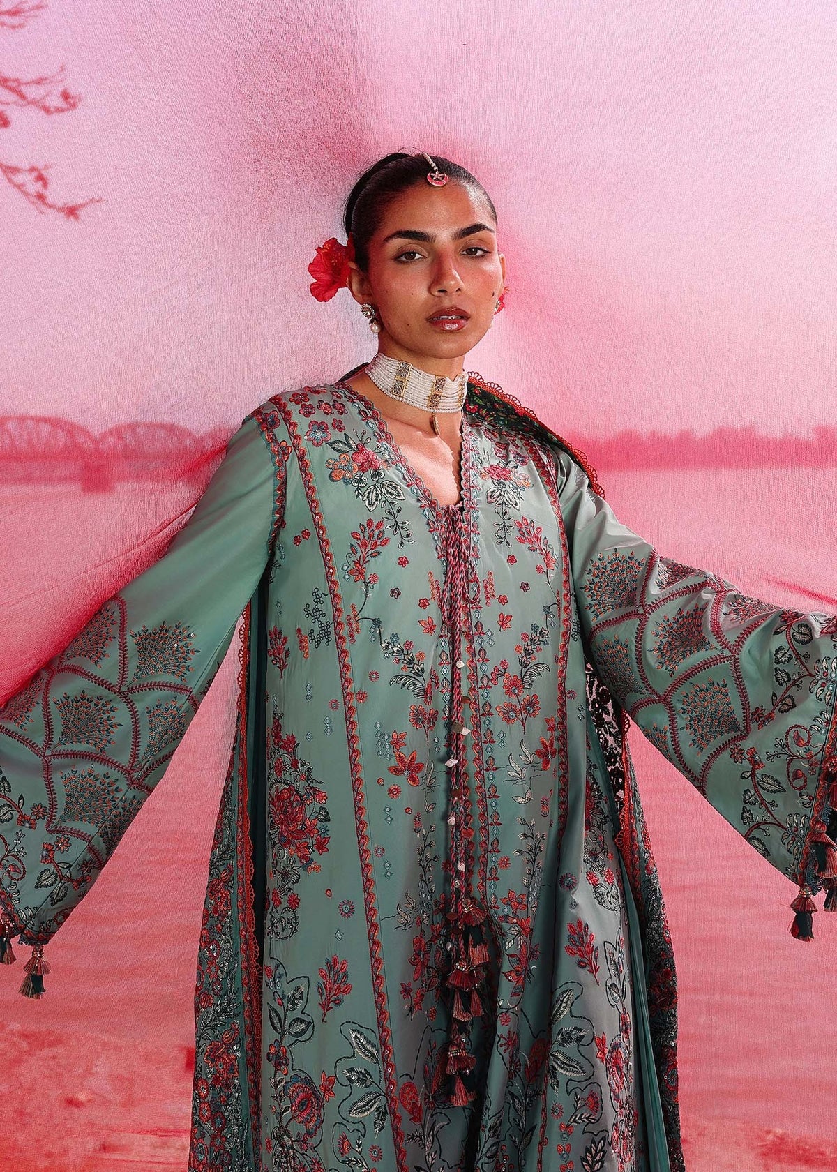 Hussain Rehar Verdant aqua green embroidered lawn stitched outfit front view