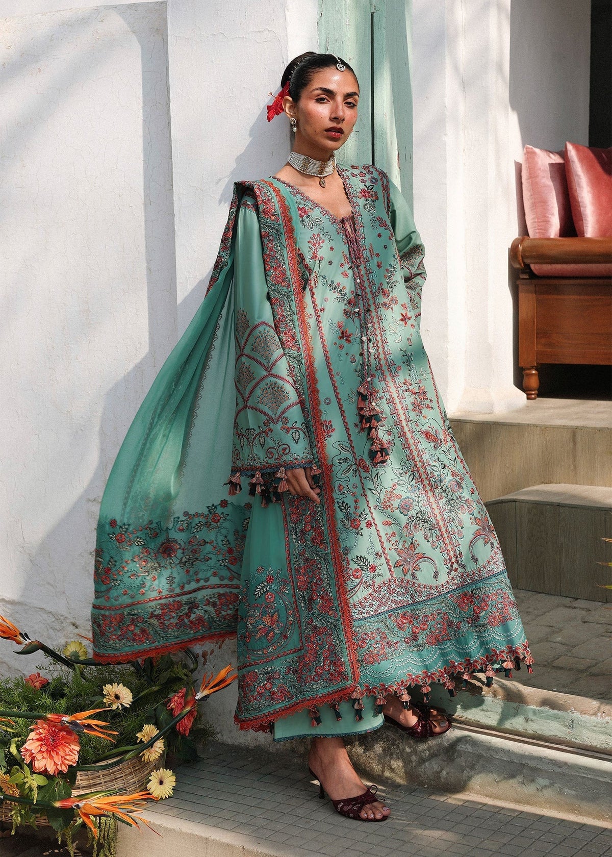 Hussain Rehar Verdant stitched luxury lawn suit aqua green with embroidered floral design and chiffon dupatta