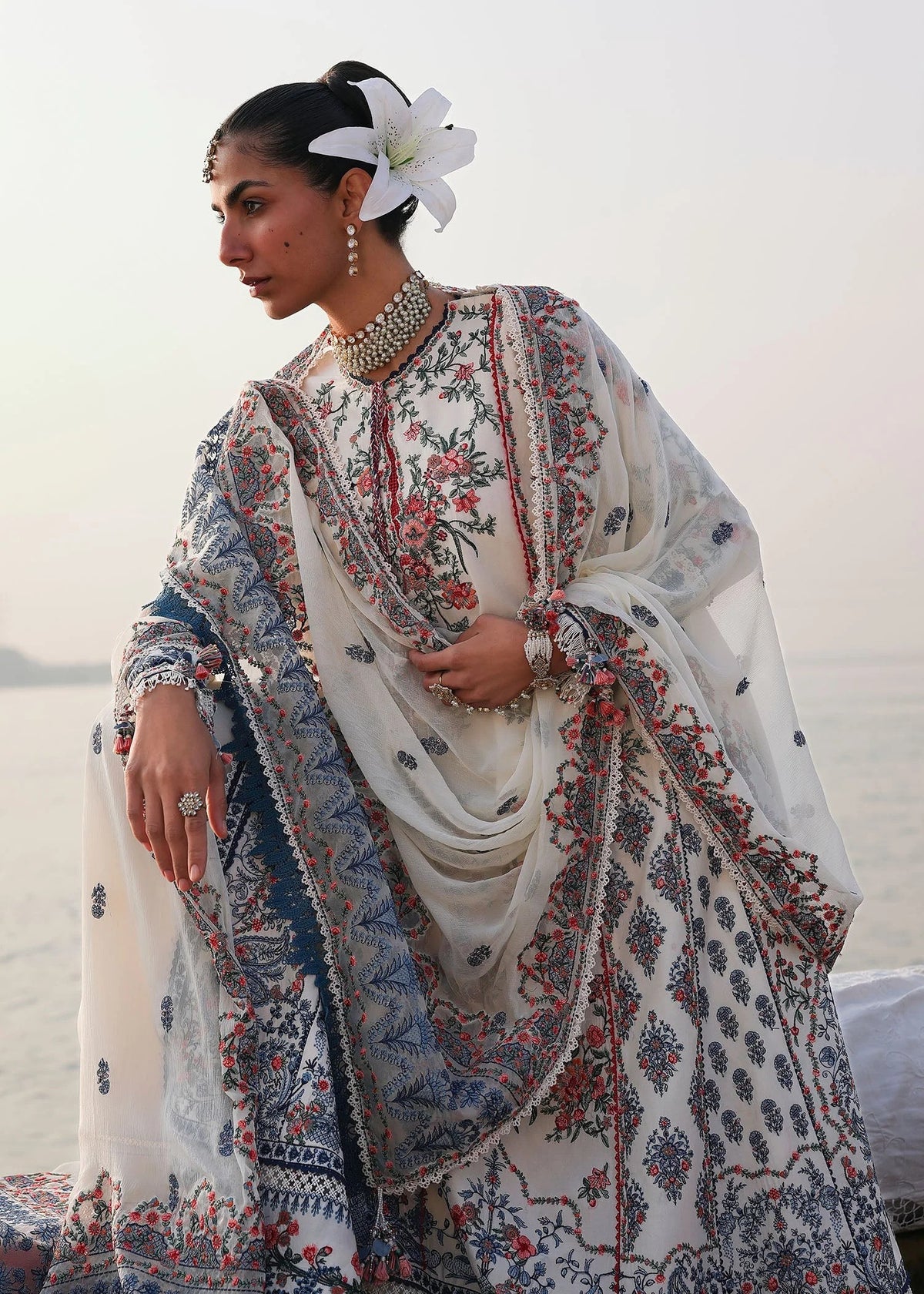 Hussain Rehar Yuki luxury lawn suit full look ivory designer dress UK