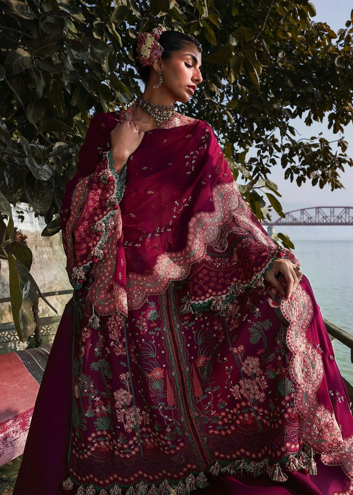 Hussain Rehar Anjas plum designer lawn outfit embroidery detail UK