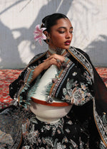 Hussain Rehar Sable black designer lawn outfit detailed embroidery side pose UK