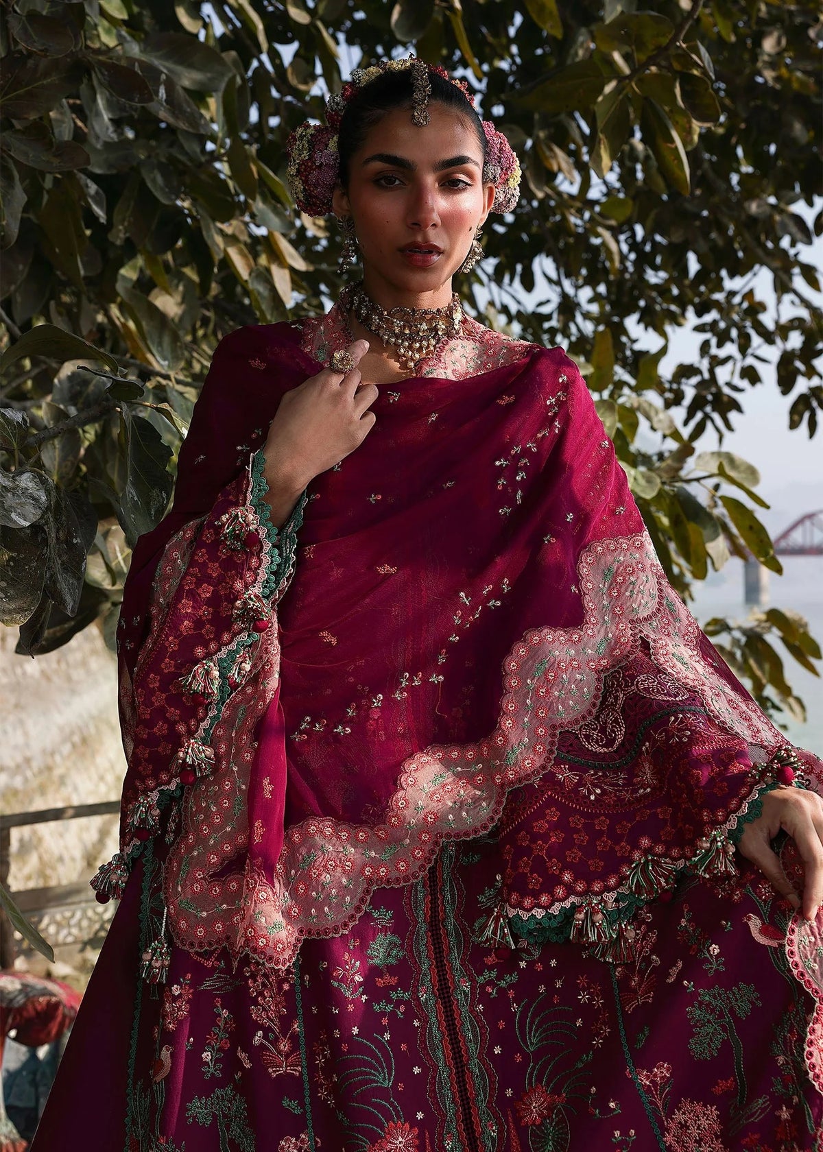 Pakistani designer Hussain Rehar Anjas stitched plum suit full look chiffon dupatta