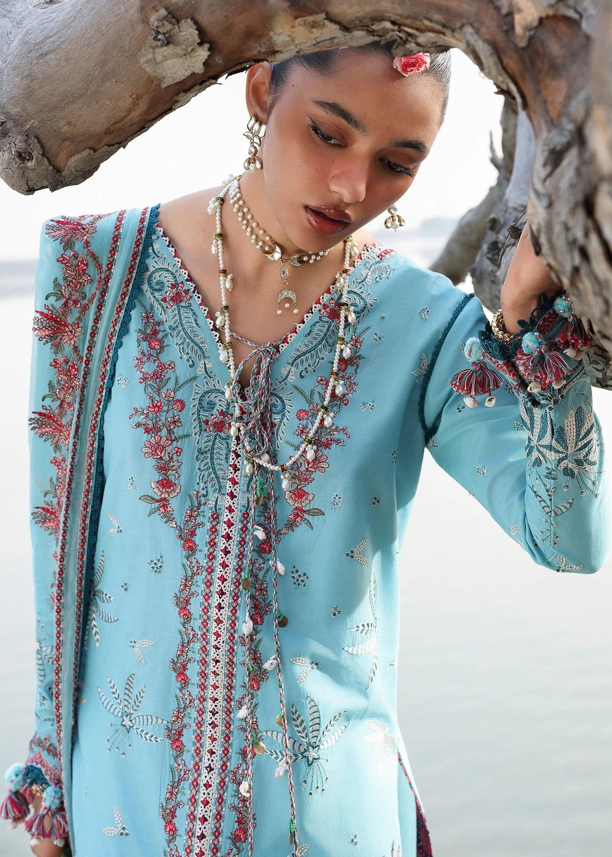 Pakistani designer Hussain Rehar Sepher stitched sky blue suit full look chiffon dupatta