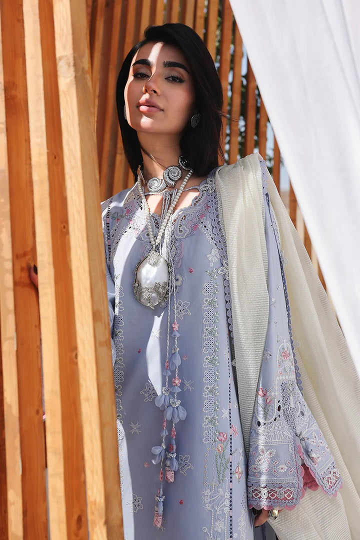 Qalamkar SA-08 Zayna stitched 3 piece suit powder blue embroidery detail UK