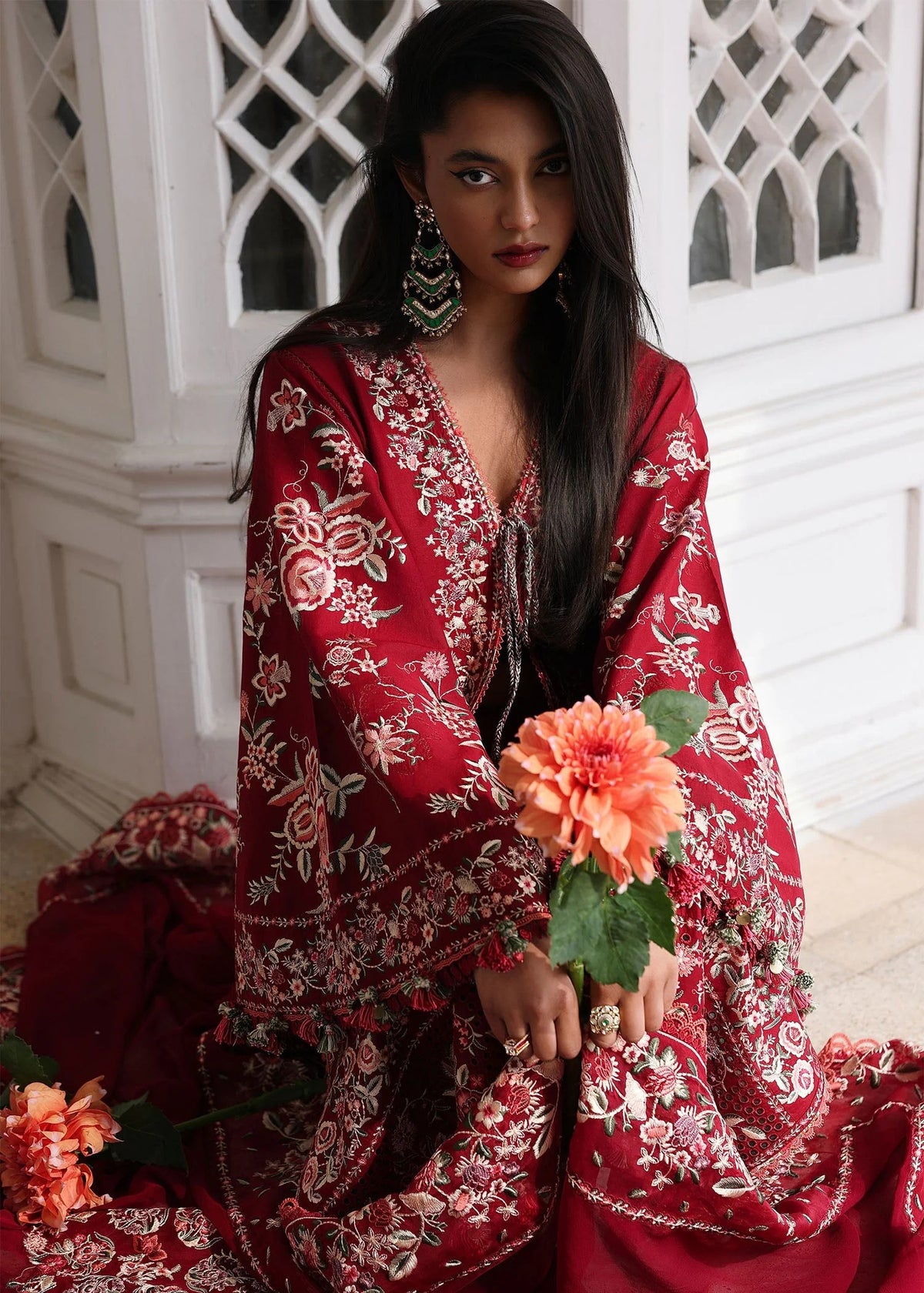 Hussain Rehar Kastanaa red designer lawn outfit embroidery detail UK