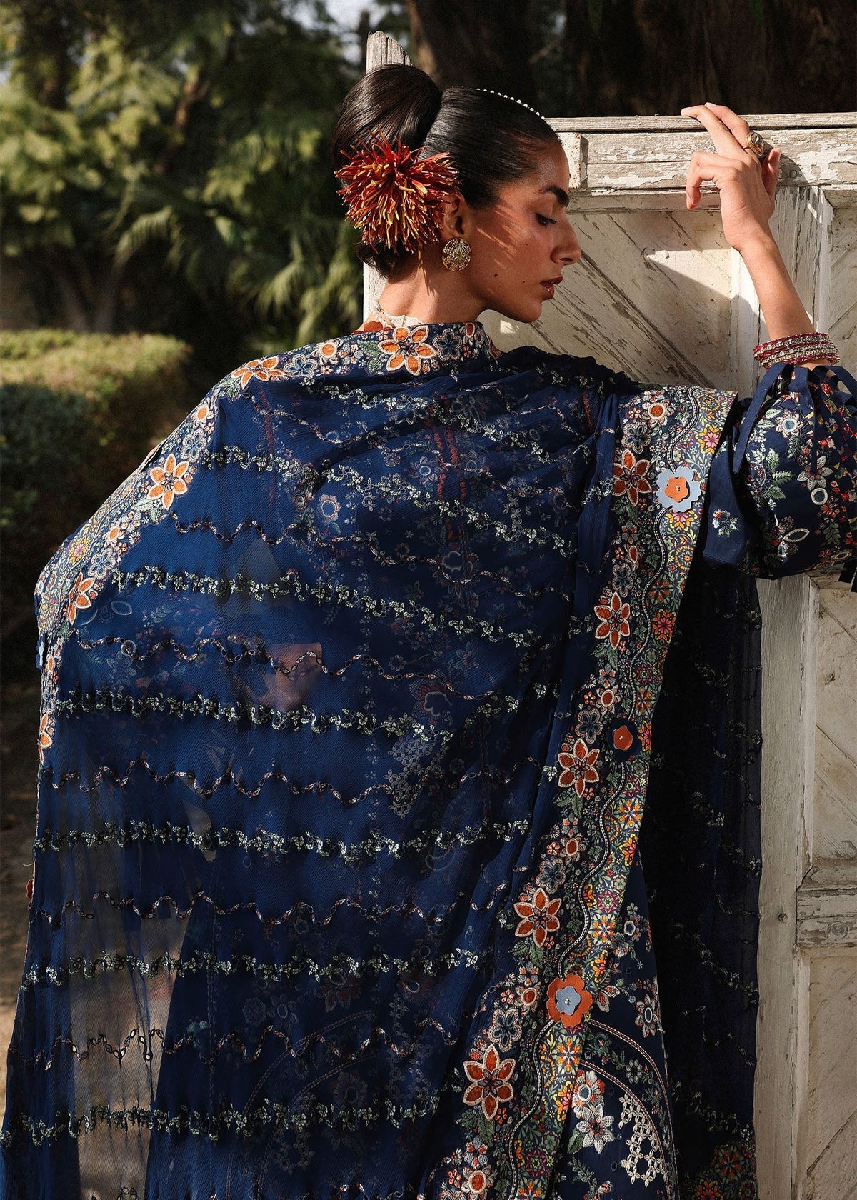 Hussain Rehar Amalfi navy blue designer lawn outfit embroidery detail view UK