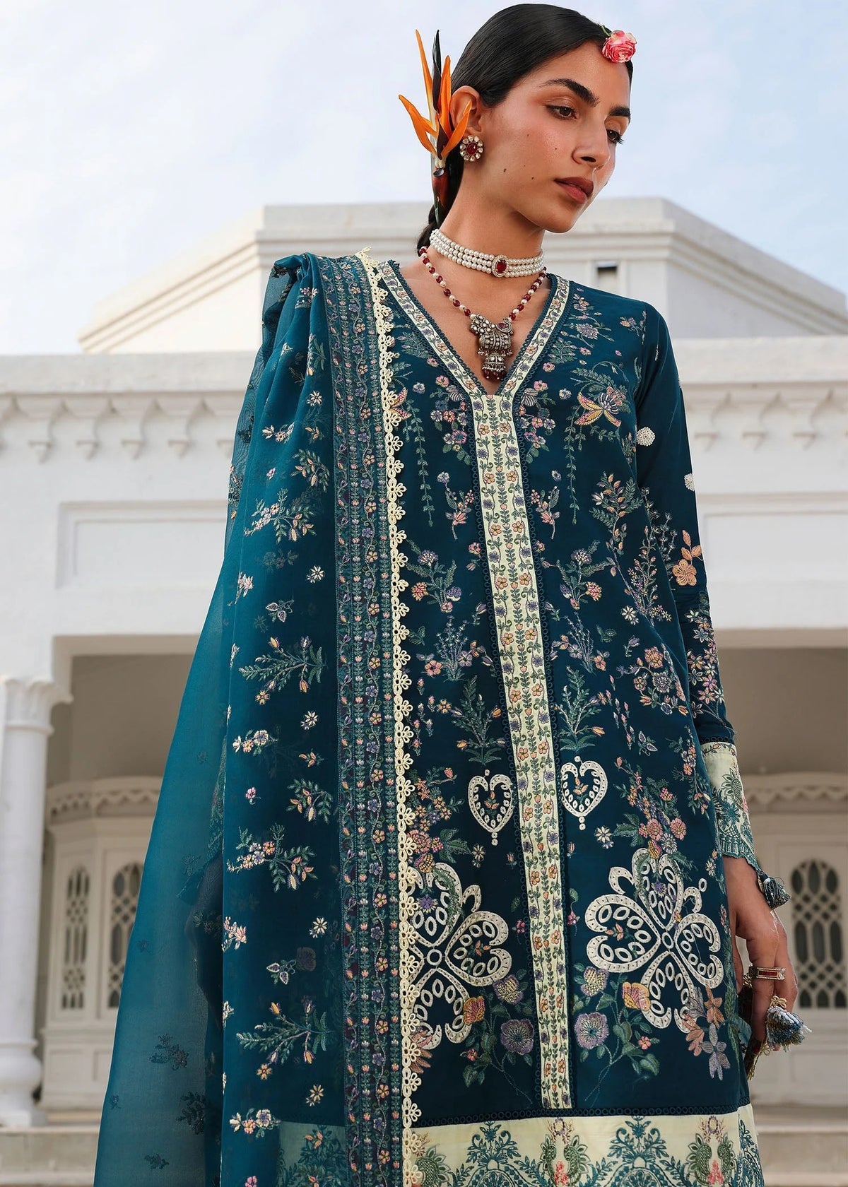 Hussain Rehar Azraq teal designer lawn outfit embroidery detail UK