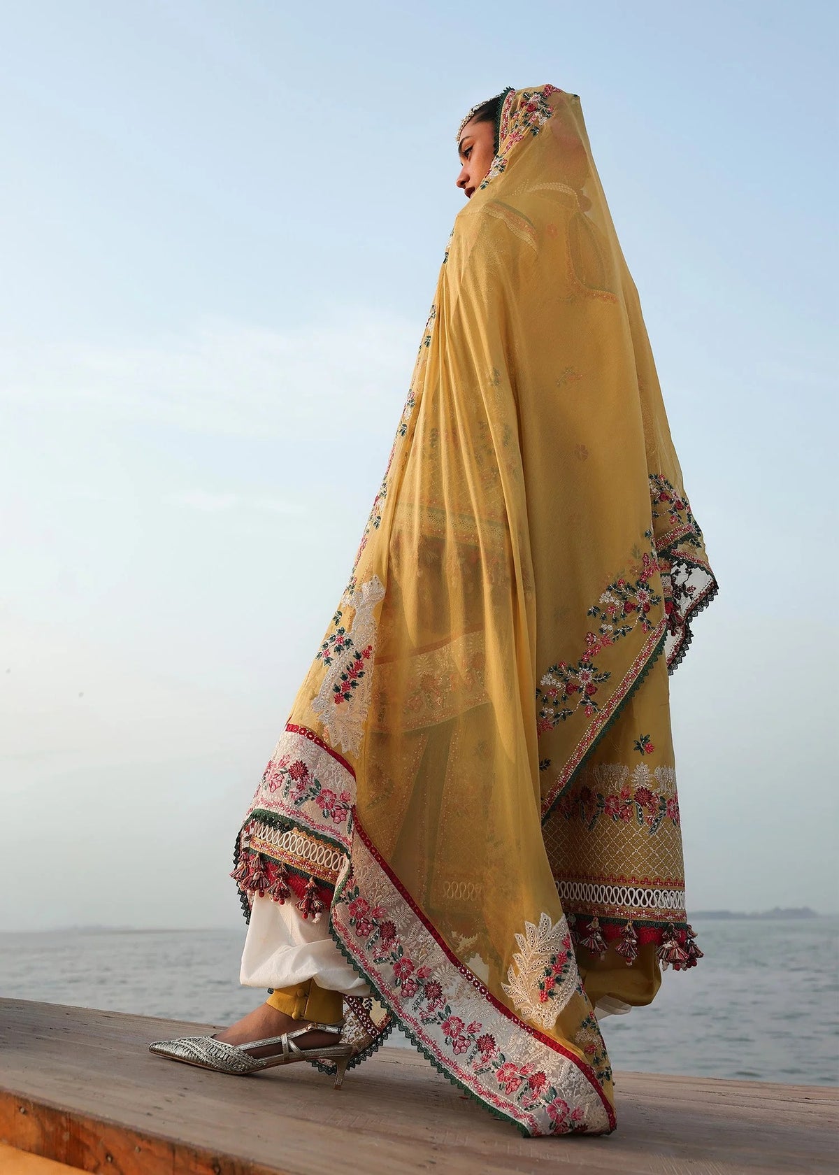 Pakistani designer Hussain Rehar Ochre stitched mustard suit full look chiffon dupatta