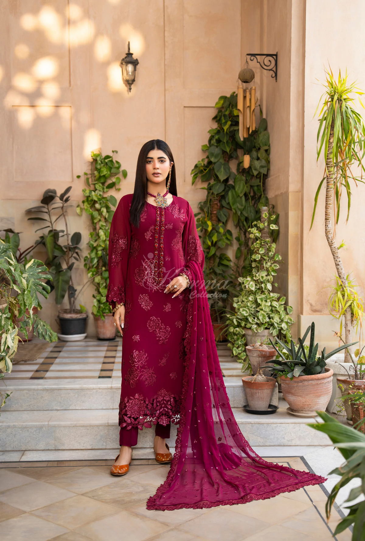 Chiffon 3 Piece Embroidered Hayat Karma Collection CRIMSON VELVEТ F-497