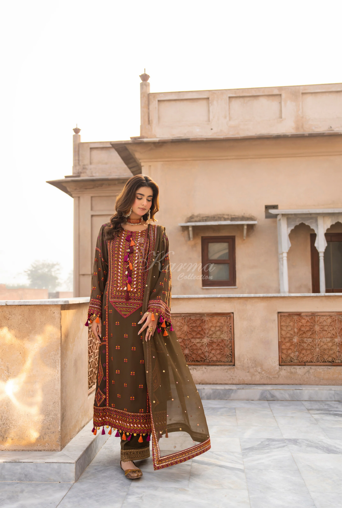 Chiffon 3 Piece Embroidered Hayat Karma Collection ANTIQUE OLIVE F-495