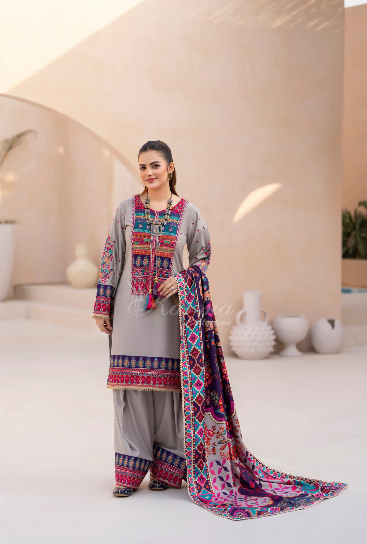 Winter Luxury 3 Piece Embroidered Mishaal Karma CollectionCLOUD SKU:KC-1539