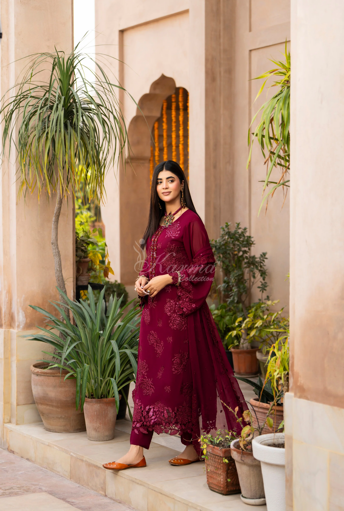 Chiffon 3 Piece Embroidered Hayat Karma Collection CRIMSON VELVEТ F-497