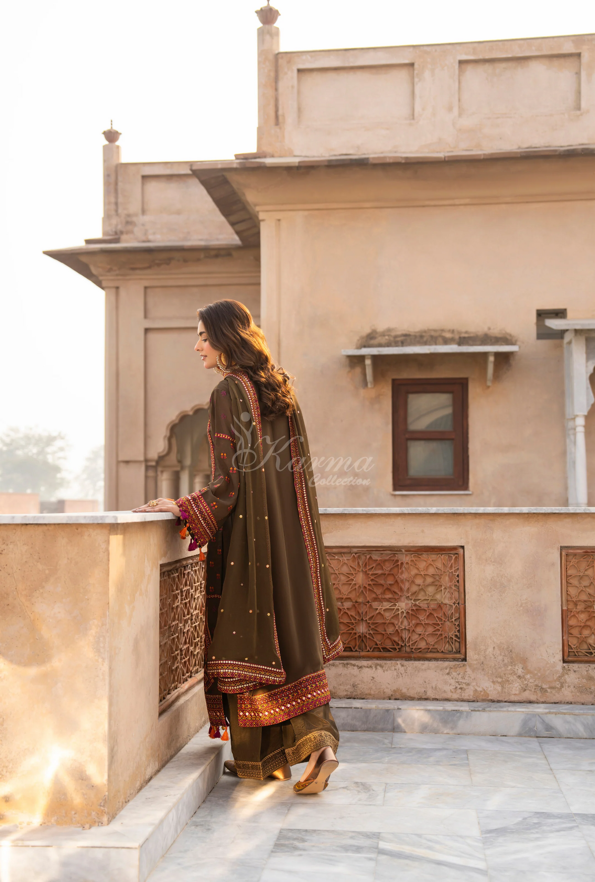 Chiffon 3 Piece Embroidered Hayat Karma Collection ANTIQUE OLIVE F-495