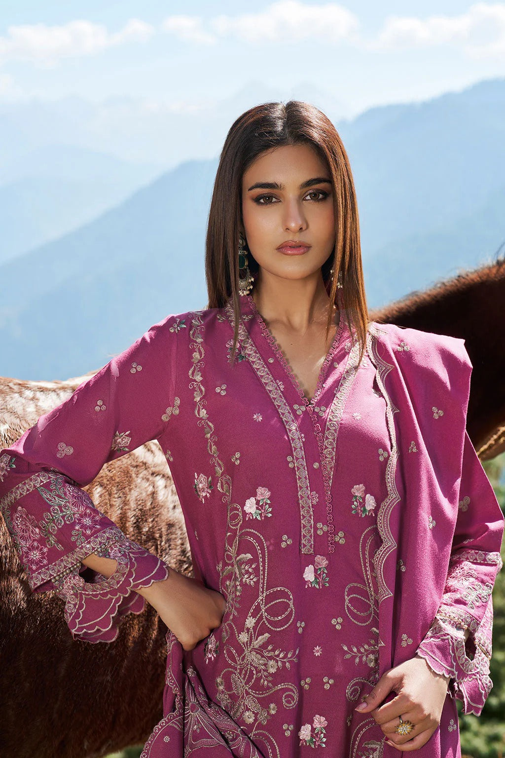 Reet By Ramsha - Three piece embroidered karandi suits with embroidered karandi shawls stitched & embellished | Original Ramsha Karandi Collection 2025 | R-1306